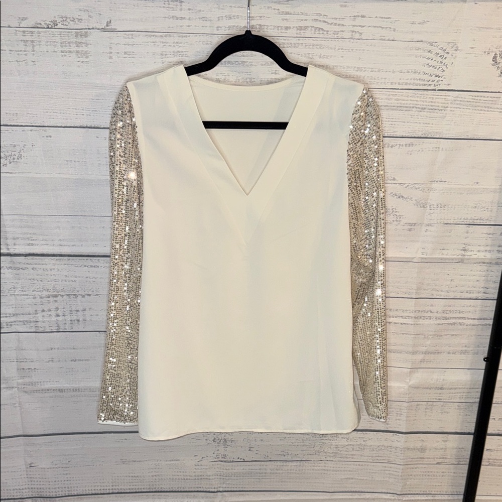 NWOT Ivory V-Neck Top with Sequin Sleeves